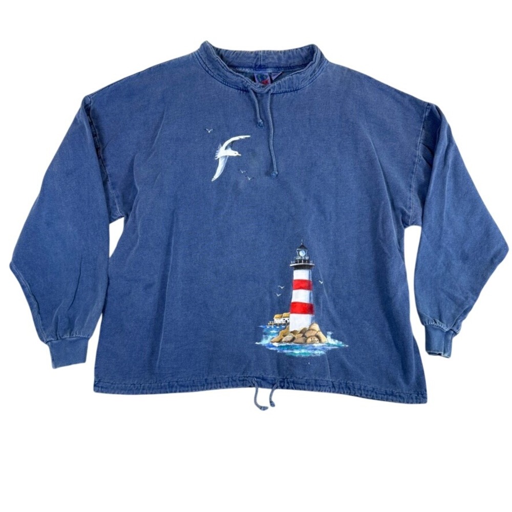 Vintage WEK Hand Painted Lighthouse Sweatshirt XXL Blue Cotton Made in USA